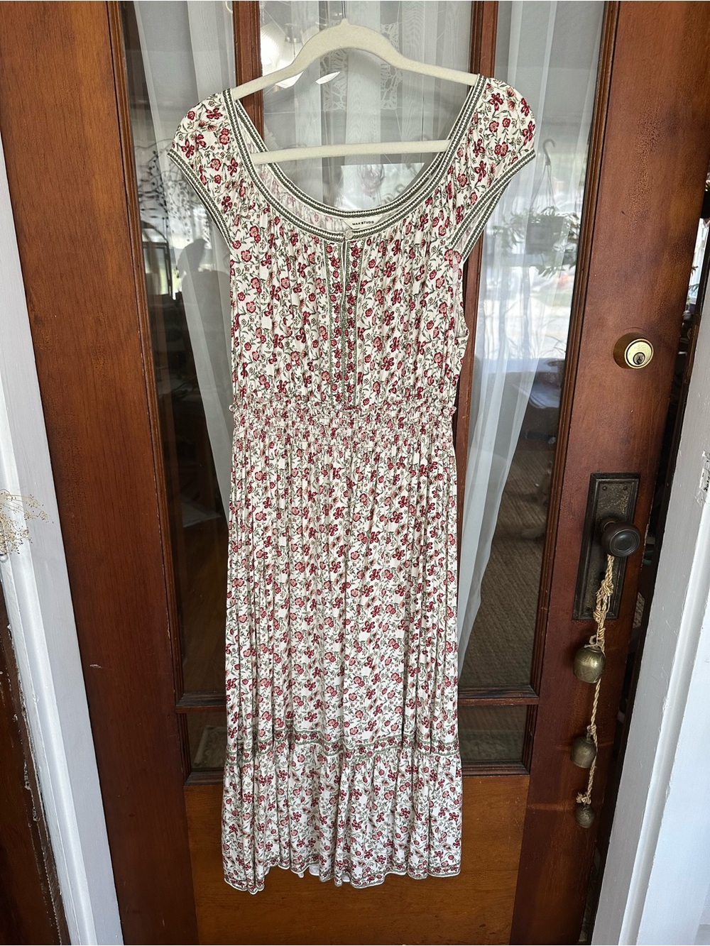 Max Studio Cream Maxi Dress with Red Floral Print New